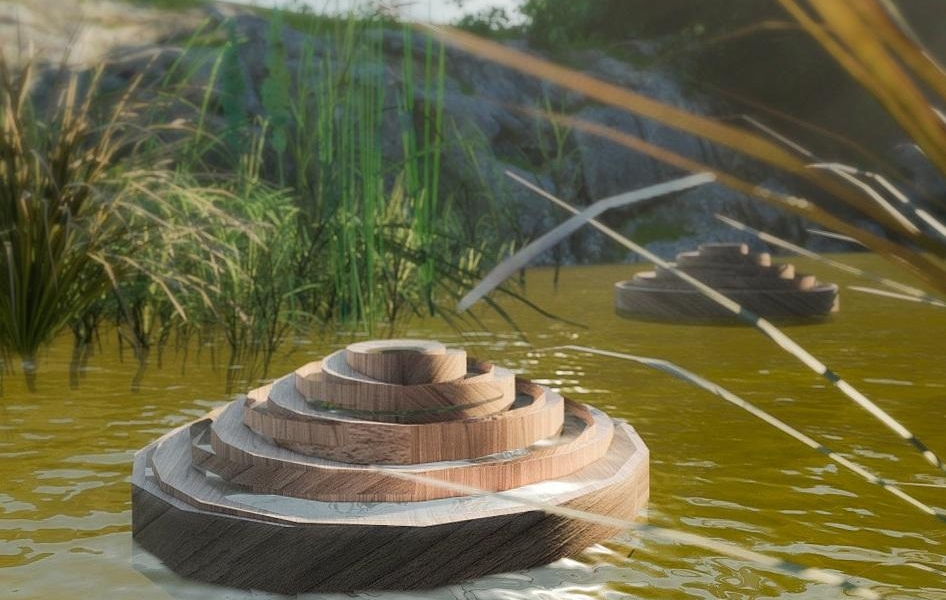 La XUNTA premia una actuación artística que crea dos islas flotantes de madera de castaño