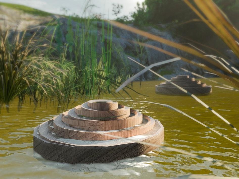 La XUNTA premia una actuación artística que crea dos islas flotantes de madera de castaño